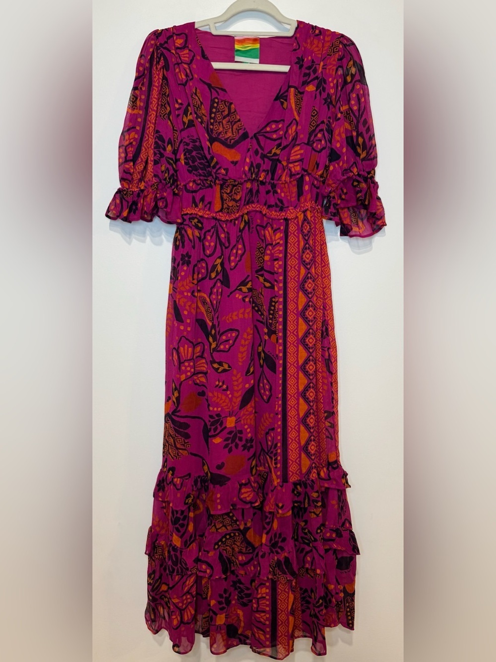 Farm Rio Fuchsia Macaw Forest Short Sleeve Floral Ruffle Maxi Dress Size S